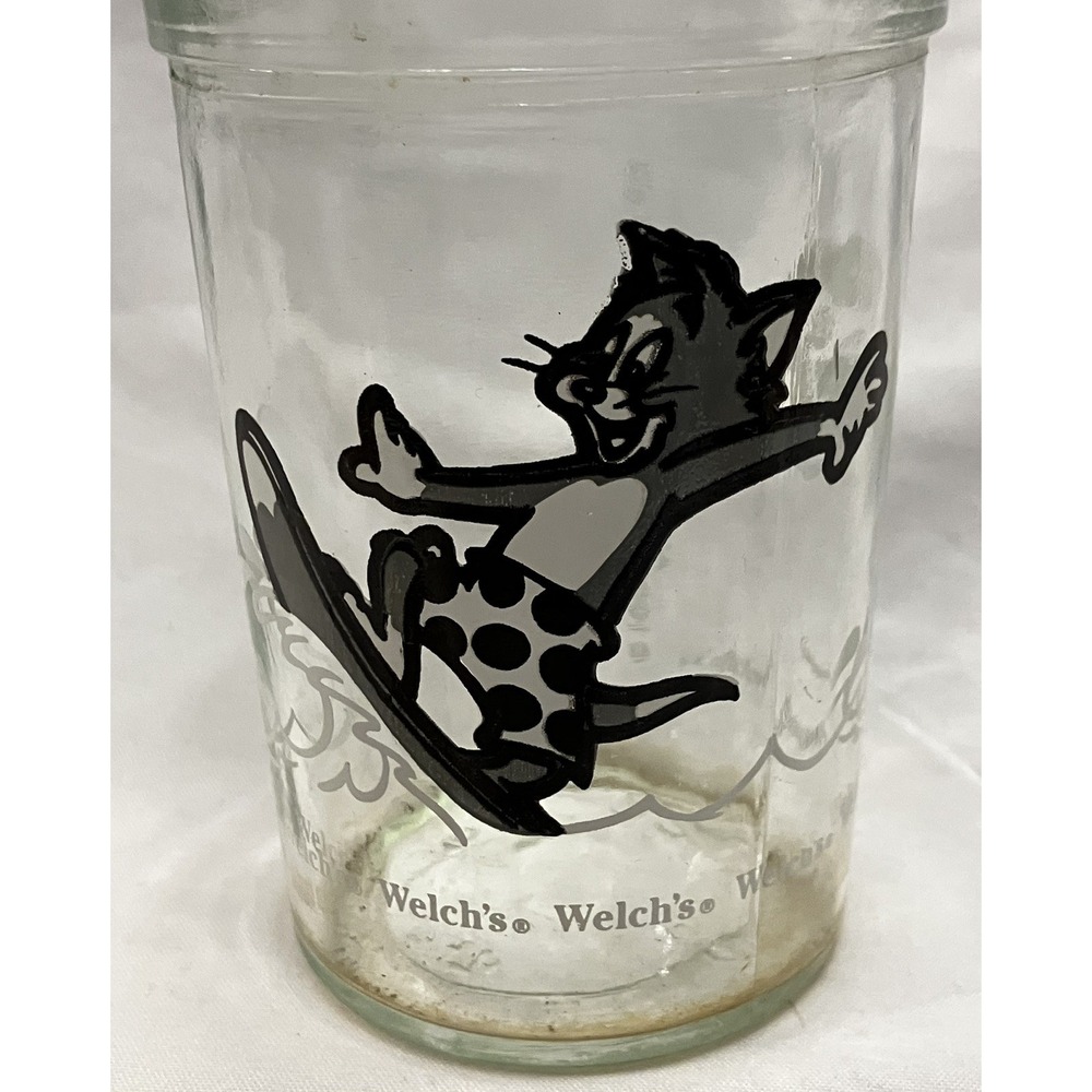 Tom & Jerry Welch’s Drinking Glass Tom Surfing Waves 1990 Jelly Jar VTG Cartoons